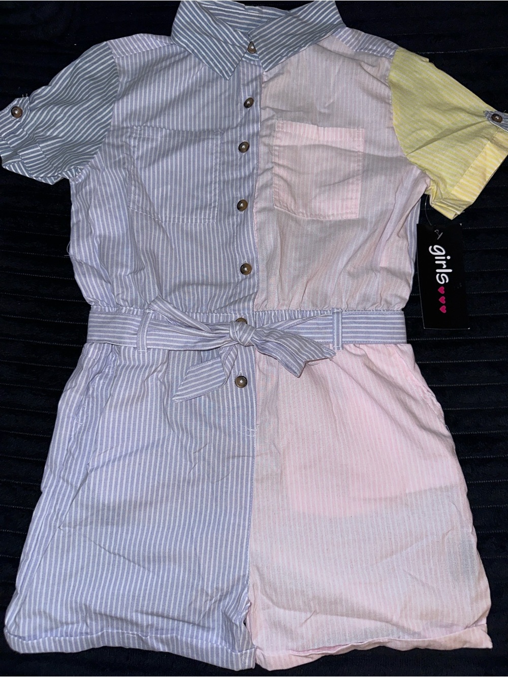 Striped Colorblock Short Romper - Pastel Blue, Pink & Yellow